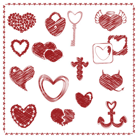 Doodle Set of Red Hearts, Valentineのイラスト素材