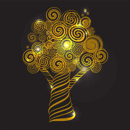 Fabulous Golden Tree with Curls and highlights. Doodle Style. Vector Illustration. Template design for card.のイラスト素材