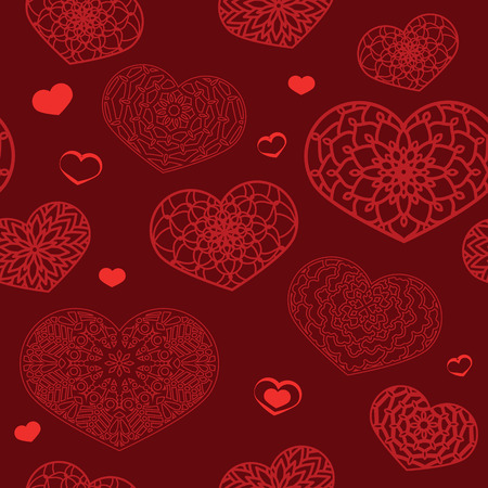 Seamless Colored Pattern with Ornamental Hearts in red colors. St. Valentine's Day or Weddings Design Element. Doodle Style. Vector background. Stock vector.のイラスト素材