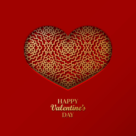 Valentine's day concept background with origami heart shaped frame. 3d paper art golden heart with ornamental pattern. Cute love sale banner or greeting card. Vector illustration. Stock clipart.のイラスト素材