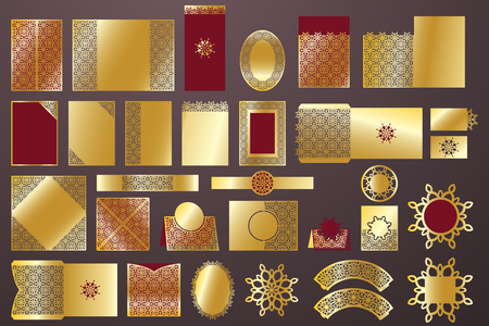 Wedding invitation frame set. Collection of laser cut template. Ornate openwork card design.のイラスト素材