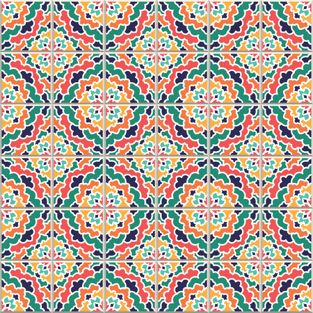 Vector seamless pattern, based on traditional wall and floor tiles Mediterranean style.
Mosaic patchwork design. Mexican, Italian, Spanish, Moroccan, Portuguese, Turkish, Lisbon, Arabic, Indian motifsのイラスト素材