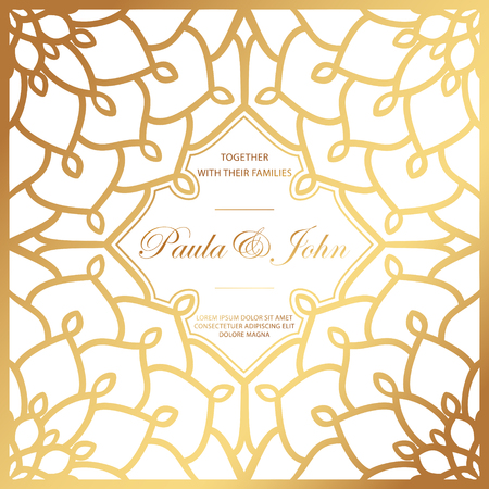 Stylish Gold and White Wedding Card. Royal Vintage Wedding Invitation template. Save the date card. Trendy design with geometric background. Tradition decoration for wedding. Vector illustration.のイラスト素材