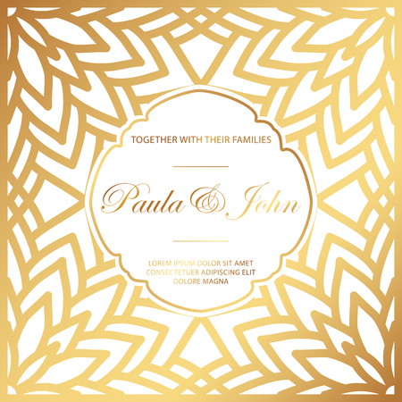 Stylish Gold and White Wedding Card. Royal Vintage Wedding Invitation template. Save the date card. Trendy design with geometric background. Tradition decoration for wedding. Vector illustration.のイラスト素材