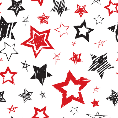 Abstract seamless grunge style pattern. Repeating background with stars hand drawn brush, ink, marker, pencil drawing. Vector backdropのイラスト素材
