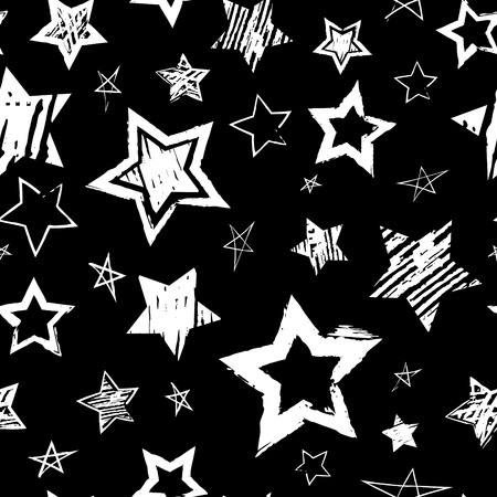 Abstract seamless grunge style pattern. Repeating background with stars hand drawn brush, ink, marker, pencil drawing. Vector backdropのイラスト素材