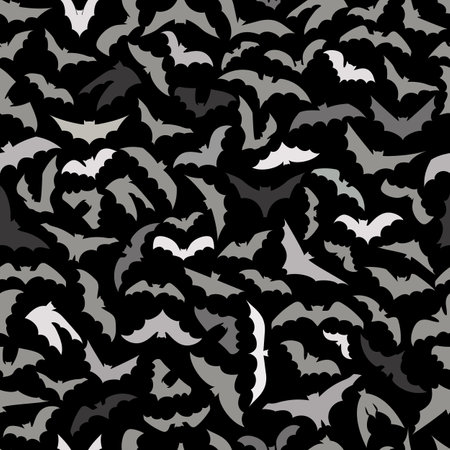Vector seamless background for Halloween design. Seamless pattern with gray flying bats isolated on black background. Ready for printing on textile and other seamless decoration. Stock vector. Scary Halloween traditional design element. Vector illustration.のイラスト素材