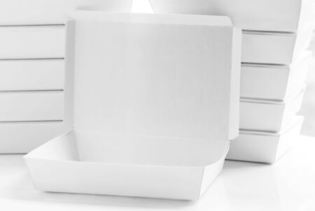 Blank paper package white box for food products on the white background.