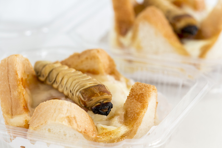 Food Insects: Worm beetle for deep-fried as food items in bread homemade made of fried insect meat...