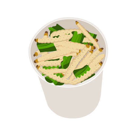 Bamboo Caterpillar insects for eating as food deep-fried crispy snack in disposable cup for take-away home. It is good source of protein edible for eating future food and entomophagy concept.のイラスト素材