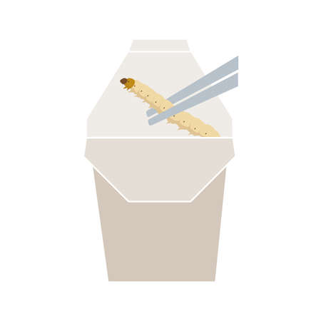 Bamboo Caterpillar insects for eating as food deep-fried crispy snack in paper box for take-away home. It is good source of protein edible for eating future food and entomophagy concept.のイラスト素材