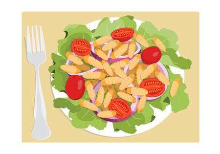 Food Insects: Silkworm Pupa insect deep-fried crispy for eating as food items on plate with salad vegetable and fork, it is good source of protein edible for future. Entomophagy concept.のイラスト素材