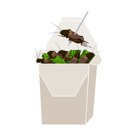 Crickets insects for eating as food deep-fried crispy snack and skewer in paper box for take out home. It is good source of protein edible for eating future food and entomophagy concept.のイラスト素材