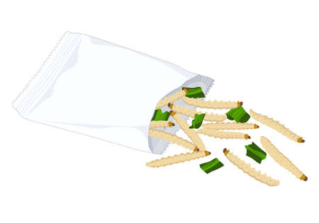 Bamboo Worm Caterpillar insects for eat as food deep-fried crispy snack with vegetable in a foil wrap bag ready to eating. It is good source of protein edible for future food and entomophagy concept.のイラスト素材