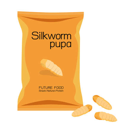 Silkworm Pupa Chrysalis insects deep-fried crispy in packaging snack pouch wrapper ready to eating for take away. It is good source of protein edible for future food and entomophagy concept.のイラスト素材