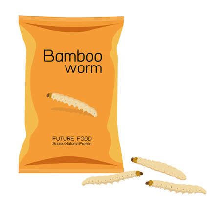 Bamboo Worm Caterpillar insects deep-fried crispy in packaging snack pouch wrapper ready to eating for take away. It is good source of protein edible for future food and entomophagy concept.のイラスト素材