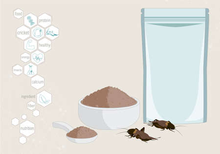 Crickets powder insects for eating as food edible processed made of cooked insect in packaging pouch bag and symbol media icon, it is good source of protein for future food and entomophagy concept.のイラスト素材