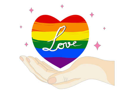 LGBT community pride month with symbol rainbow love heart in hand concept. Celebration against violence and Human rights violation for transgender and pansexual.のイラスト素材