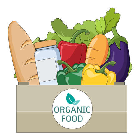 Healthy Organic Food for delivery service at home. Online order of shopping natural products for cooking food. Vector illustration concepts for store and good nutrition.のイラスト素材