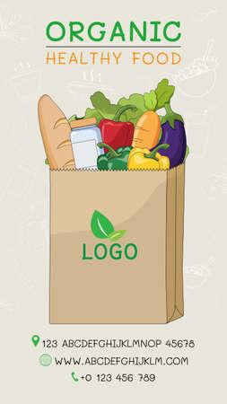 Healthy Organic Food for delivery service at home. Online order grocery shopping on touch screen. Vector illustration natural products for cooking food. Business and technology for good nutrition.のイラスト素材