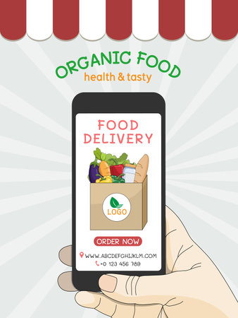 Healthy Organic Food for delivery service at home. Online order grocery shopping on touch screen. Vector illustration natural products for cooking food. Business and technology for good nutrition.のイラスト素材