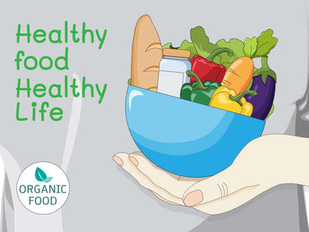 Healthy Organic Food and Healthy life for delivery service at home. Online order grocery shopping. Vector illustration natural products for cooking food. Business and technology for good nutrition.のイラスト素材