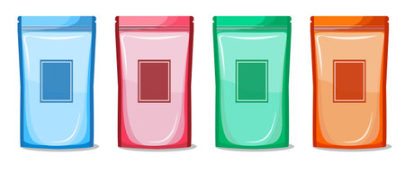Colorful blank doypack pouch bag for food  packaging with zipper. Mock up template ready your product design vector isolated on white background for packing snack or chips.のイラスト素材