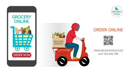 Online order grocery shopping on touch screen mobile phone concept. Delivery man courier in red uniform riding on motorbike service shipping food ingredients at home for cooking.のイラスト素材