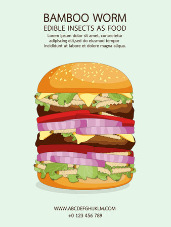Burger Bamboo Caterpillar worm insects with vegetable for eating edible as healthy food alternative. Item menu fast food made of insect meat, it is good source of meal high protein for future.のイラスト素材