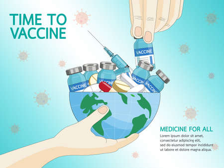 Coronavirus vaccine disease COVID-19. Syringe and vaccine vial injection tool for covid19 immunization treatment. Sharing medicine vaccine covid for all. Vector illustration background.のイラスト素材