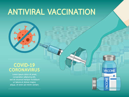 Coronavirus vaccine disease COVID-19. Hands in blue gloves of doctor holding syringe and vaccine vial injection tool for COVID 19 immunization treatment. Medicine vaccination antiviral for all.のイラスト素材