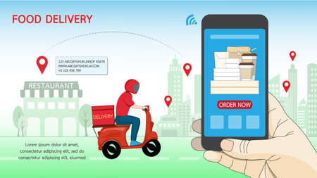 Online order food delivery service on website of restaurant on mobile a smartphone. Delivery man courier riding a motorcycle service deliver ready meal at home. Vector style for app and website.のイラスト素材