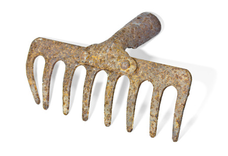 Old garden rake on white background の写真素材