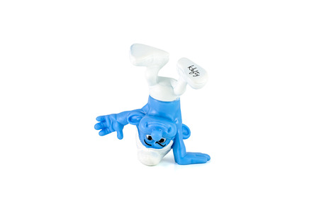 BANGKOK, THAILAND - June 28, 2014 : Handstand Smurf figure. There are toy sold as part of McDonald HappyMeal toy.のeditorial素材
