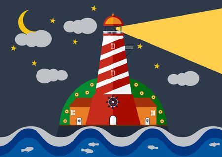 Vector illustration of Lighthouse with blue sea in inght  with moon and stars.のイラスト素材