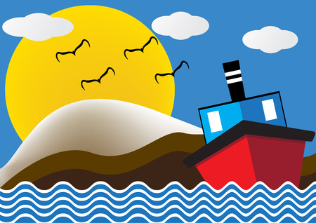 Ocean liner boat ship at sea view in night with big moon and wave. flat design illustration.のイラスト素材