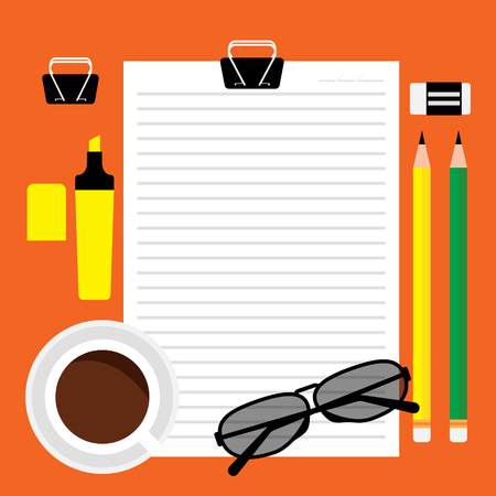 Top view of blank line paper with yellow and green pencil, orange desk with coffee glasses and office item. illustration flat design.のイラスト素材