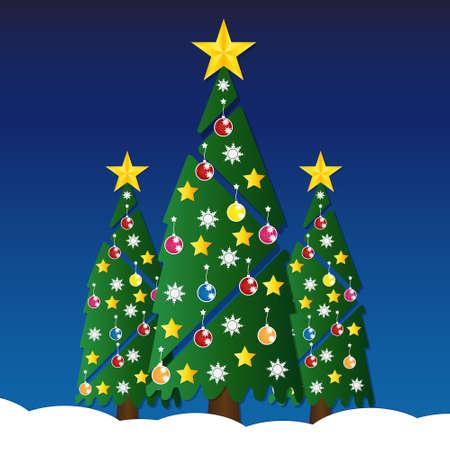 Christmas tree with colorful ornaments and glod star on white snow in night light. illustration.のイラスト素材