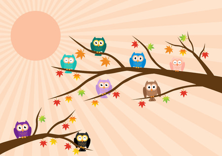 Owls on tree in autumn season and maple leaf fall with sun ray in background. illustration flat design pastel color.のイラスト素材
