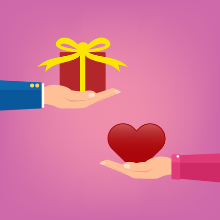 Man giving a red gift box to woman couple and woman giving love red heart on pink color. Vector illustration conceptual of love giving in valentine day.のイラスト素材