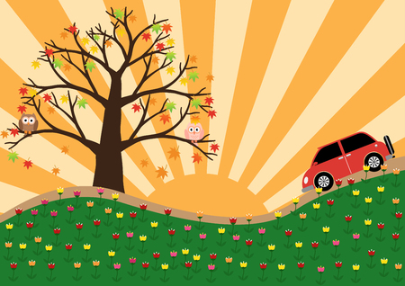 Red car on country road beautiful landscape with sun ray and colourful flower. Vector illustration.のイラスト素材