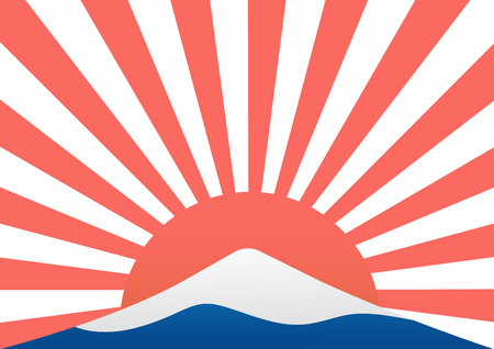 Winter landscape of blue mountain with snow like Mt-Fuji and red sun rays of japan navy flag in background vintage pastel color style. Vector illustration design.のイラスト素材