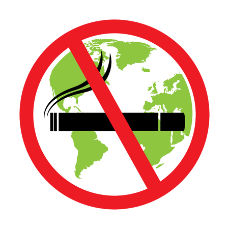 No smoking sign with green globe wold map background on white background. Vector illustration flat design World No Tobacco Day concept.のイラスト素材