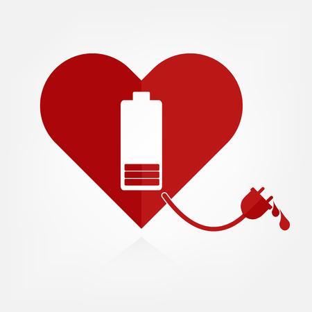 Flat design red hearts with low battery charger sign and power line with bloods. Valentine Love power concept.のイラスト素材
