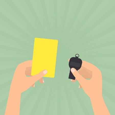 Referee hands hold a yellow card and whistle on sun rays green background.のイラスト素材
