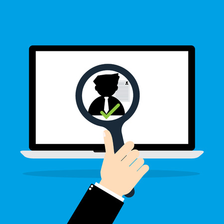 Businessman hold a magnifying glass for choosing the right personal with resume the best candidate on internet laptop computer.Vector illustration recruitment and job search concept.のイラスト素材