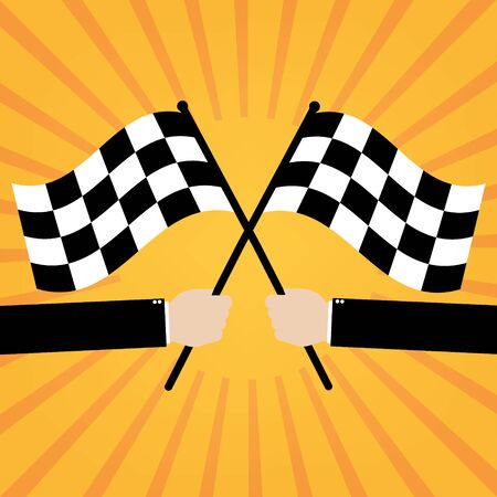 Businessman hold two finish checker flags crossed on orange sunrays background. Vector illustration business success concept design.のイラスト素材