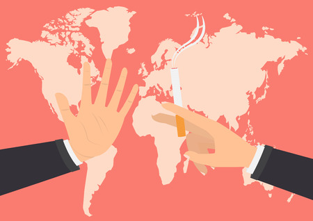 Businessman hand refusing the offered a cigarette for smoking on world map background. Vector illustration flat design World No Tobacco Day concept.のイラスト素材