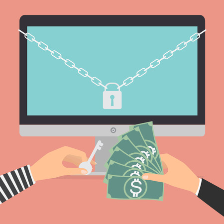 Businessman hand holding money banknote for paying the key from hacker for unlock folder got ransomware malware virus computer PC. Vector illustration technology data privacy and security concept.のイラスト素材