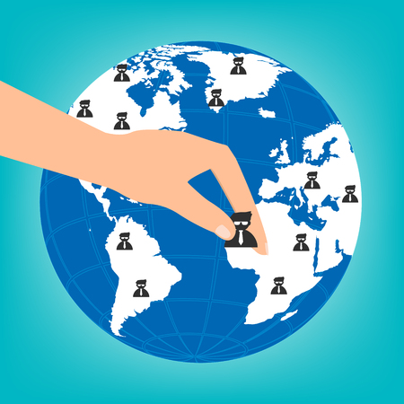 Human hand choosing the right personal on globe for international best position.Vector illustration recruitment and job search concept.のイラスト素材